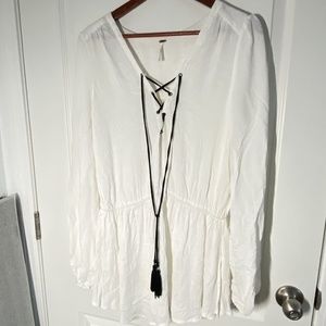 Free People Womens White Long Sleeve Drawstring Waist Peasant Blouse Top Medium